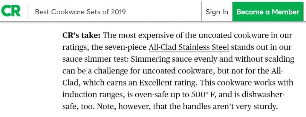 Consumer Reports Best Cookware Sets - All-Clad