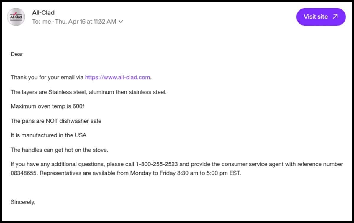 All-Clad customer service response to my factual email