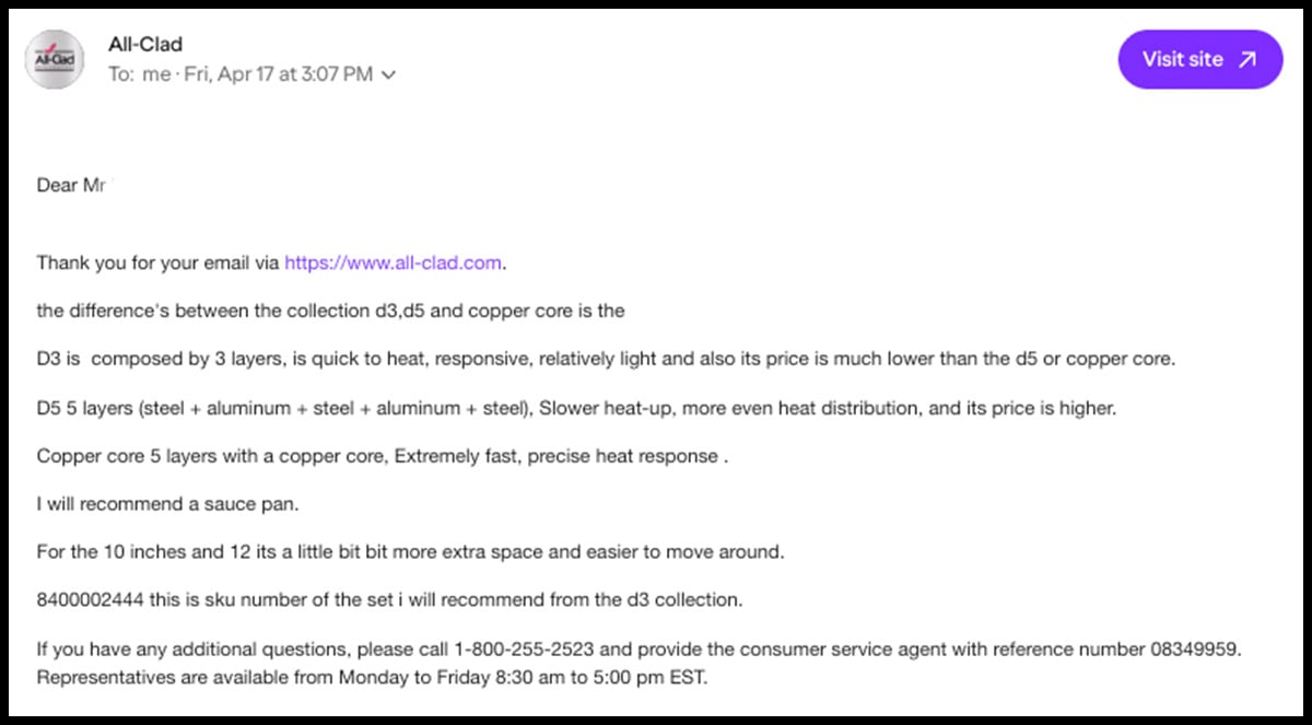 All-Clad customer service response to my opinion email