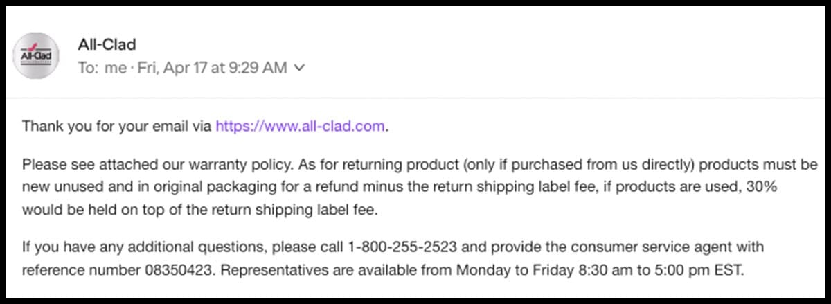 All-Clad customer service response to my post purchase email
