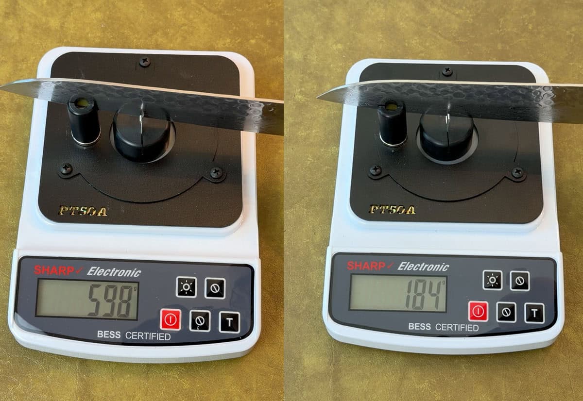 Before and after sharpening Oishya knife with ChefsChoice electric sharpener