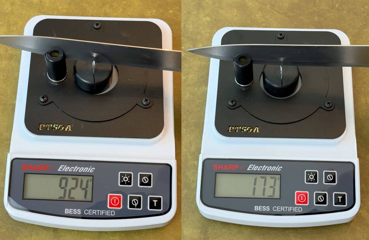 Before and after sharpening cheap knife with ChefsChoice electric sharpener