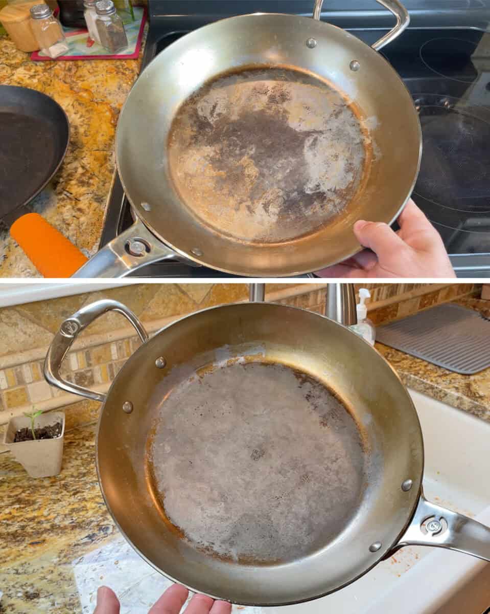 Before and after simmering crushed tomatoes in de Buyer Mineral B Pro