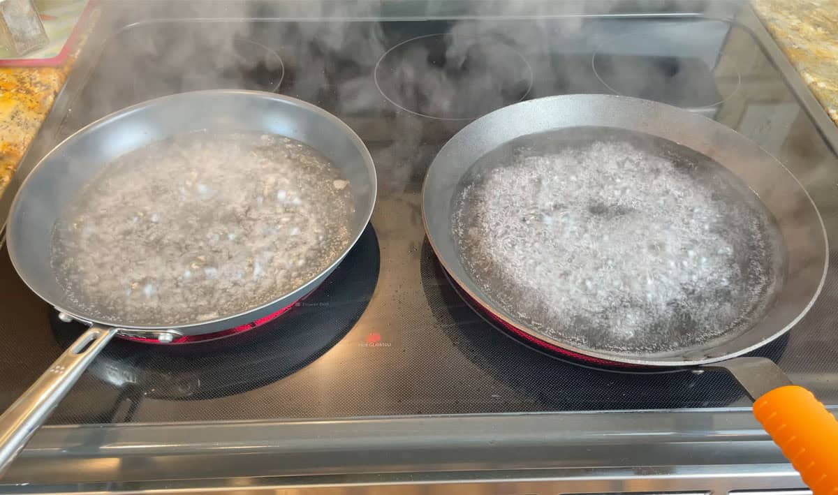Boiling water in Misen Carbon Nonstick pan and Lodge seasoned carbon steel pan