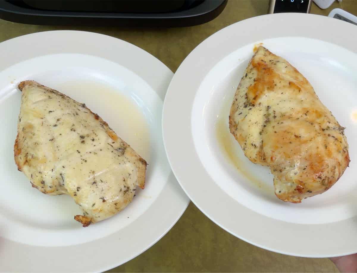 Bottom of chicken breast cooked in T-fal Surface XXL Infrared Air Fryer vs chicken cooked in the Typhur Dome 2