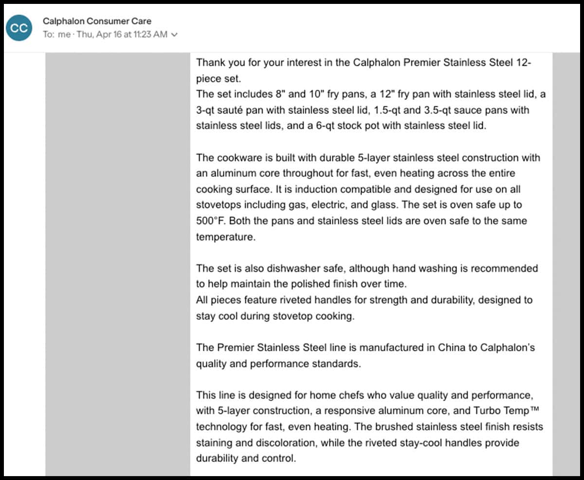 Calphalon customer service response to my factual email