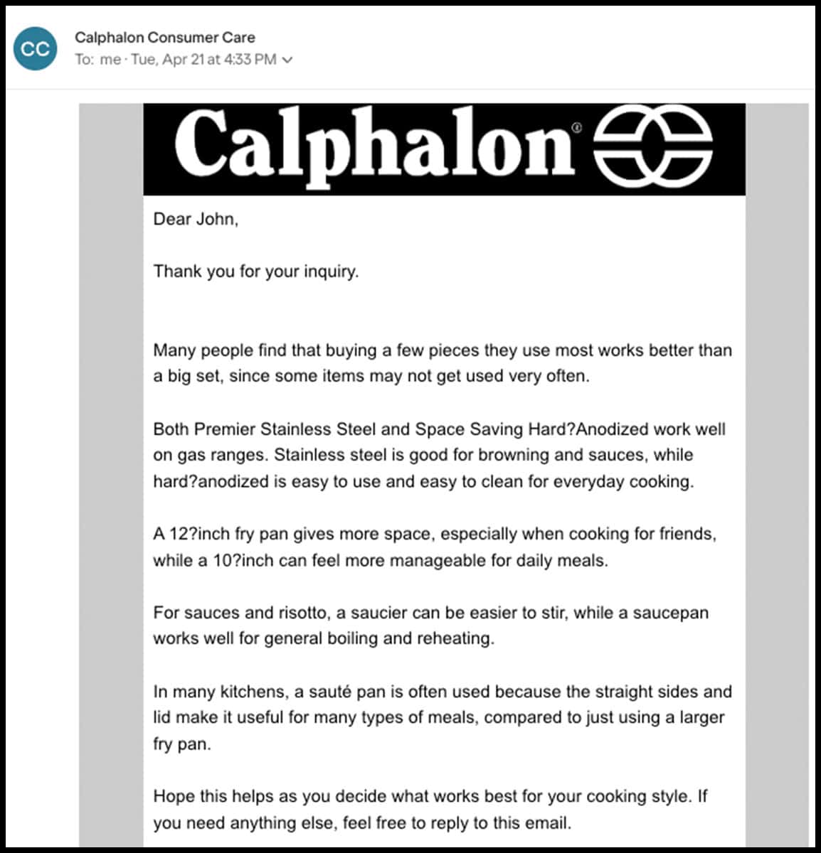 Calphalon customer service response to my opinion email
