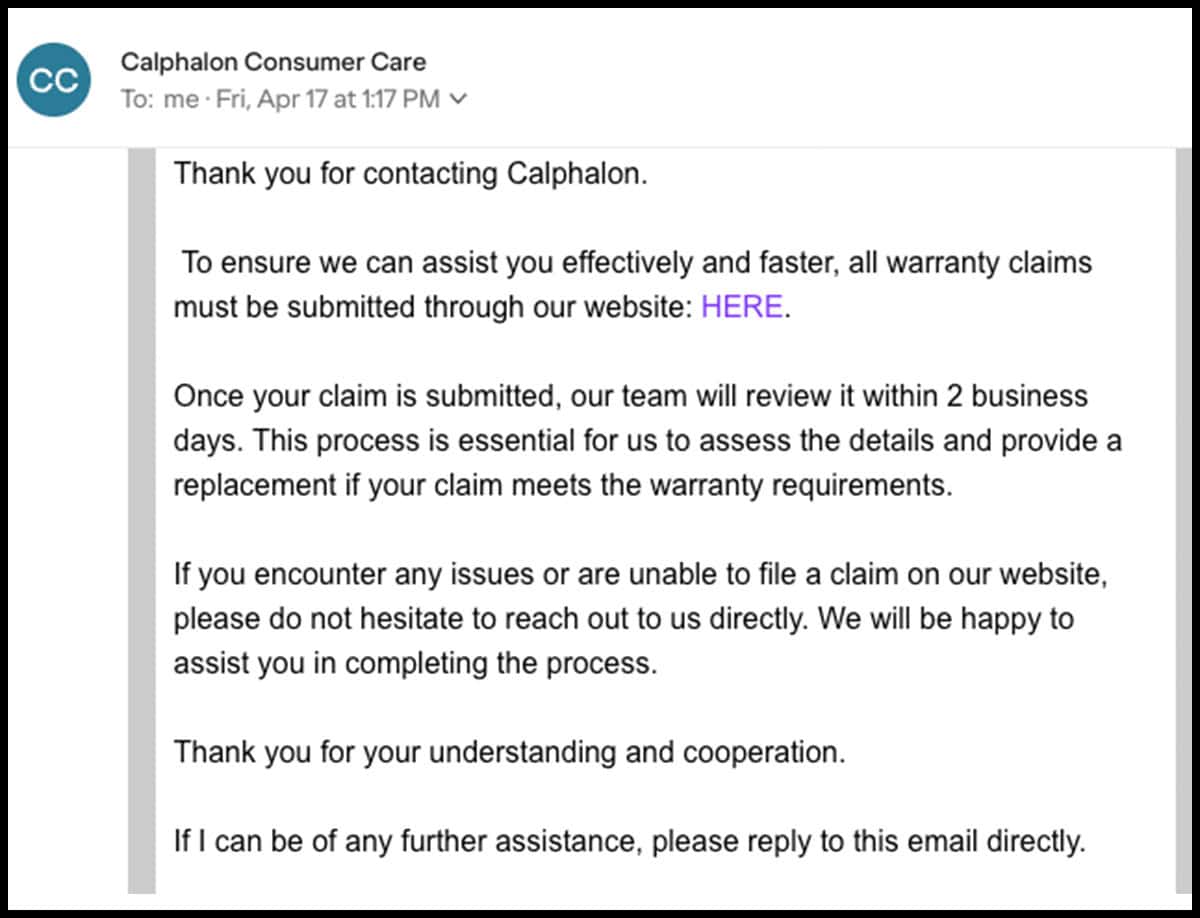 Calphalon customer service response to my post purchase email