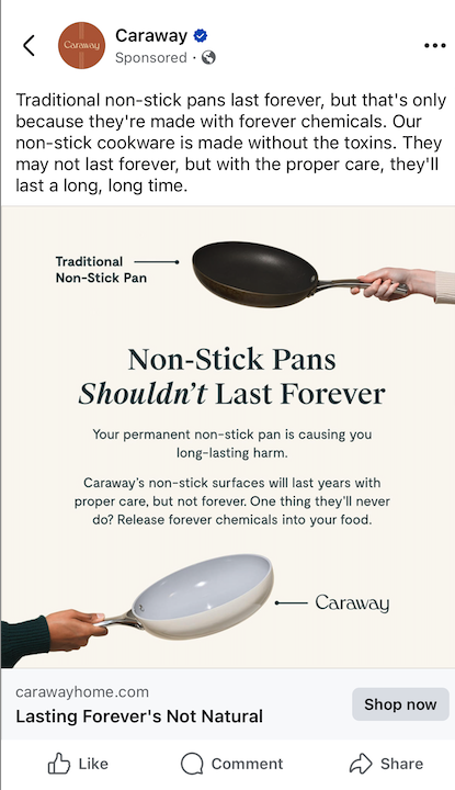 Caraway ad admitting the pans wont last