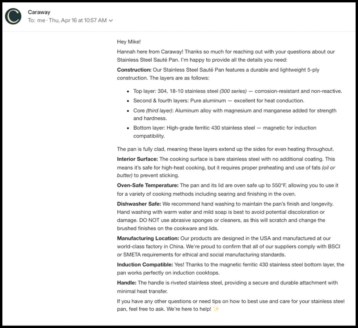 Caraway customer service response to my factual email