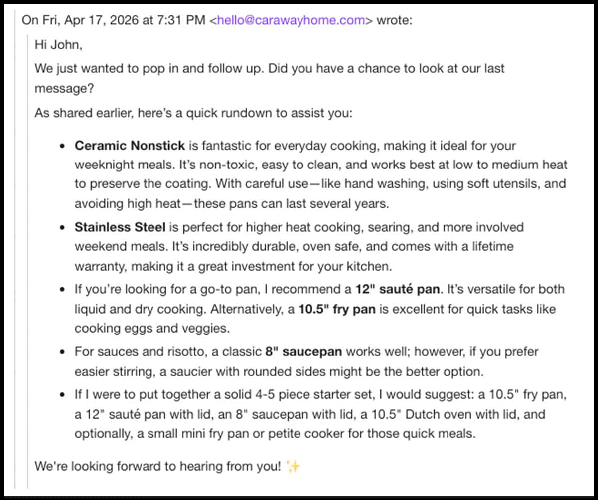 Caraway customer service response to my opinion email