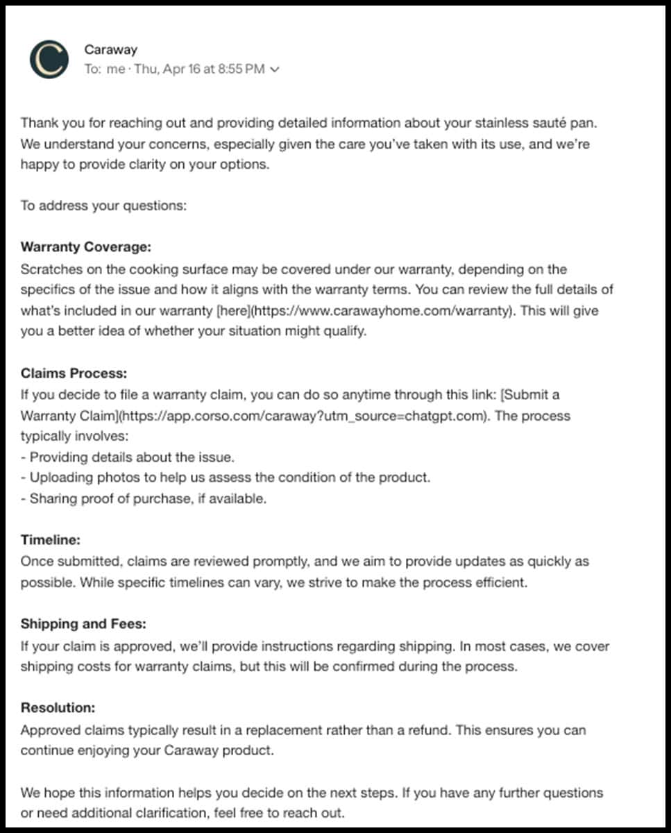 Caraway customer service response to my post purchase email