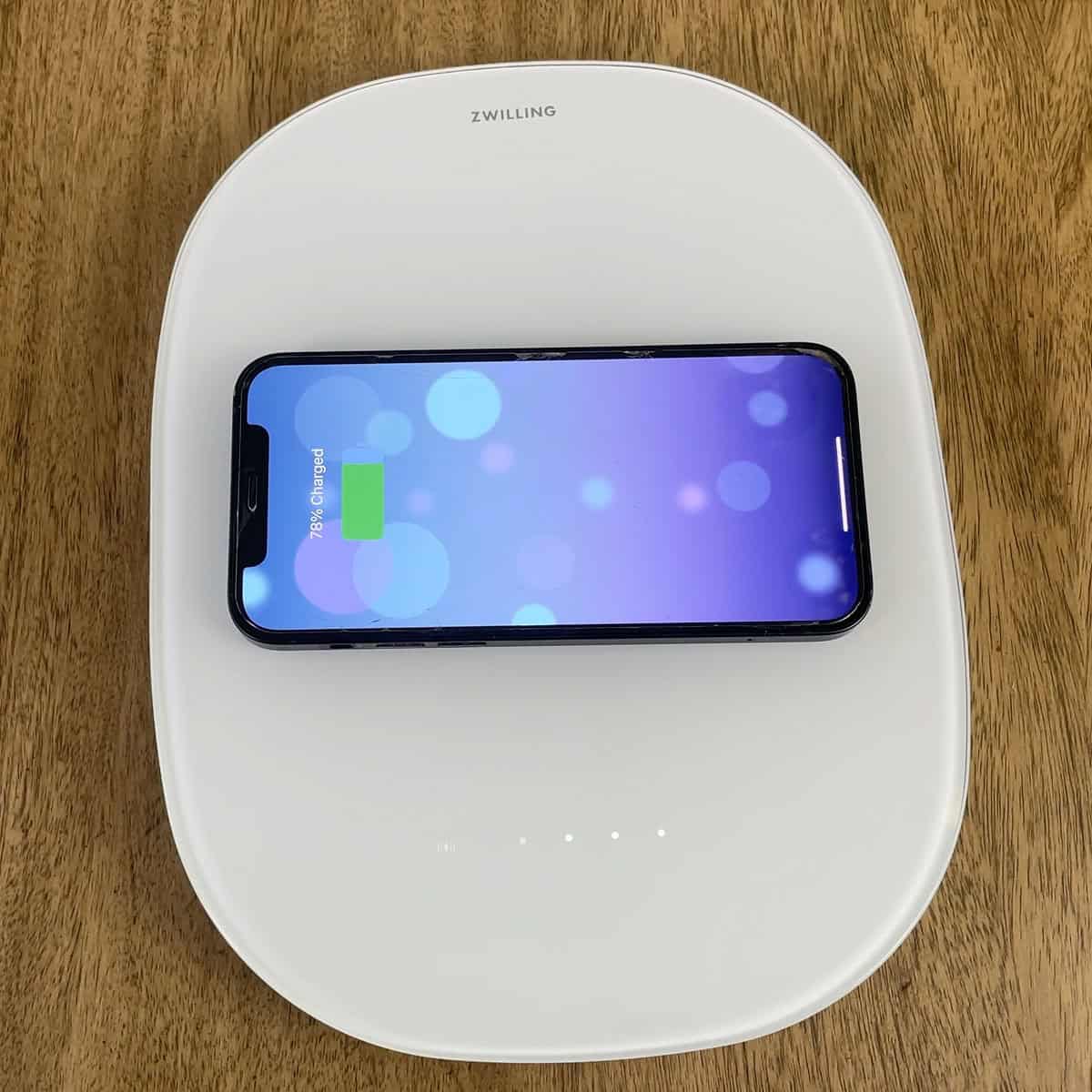 Charging phone on Zwilling Enfinigy kitchen scale