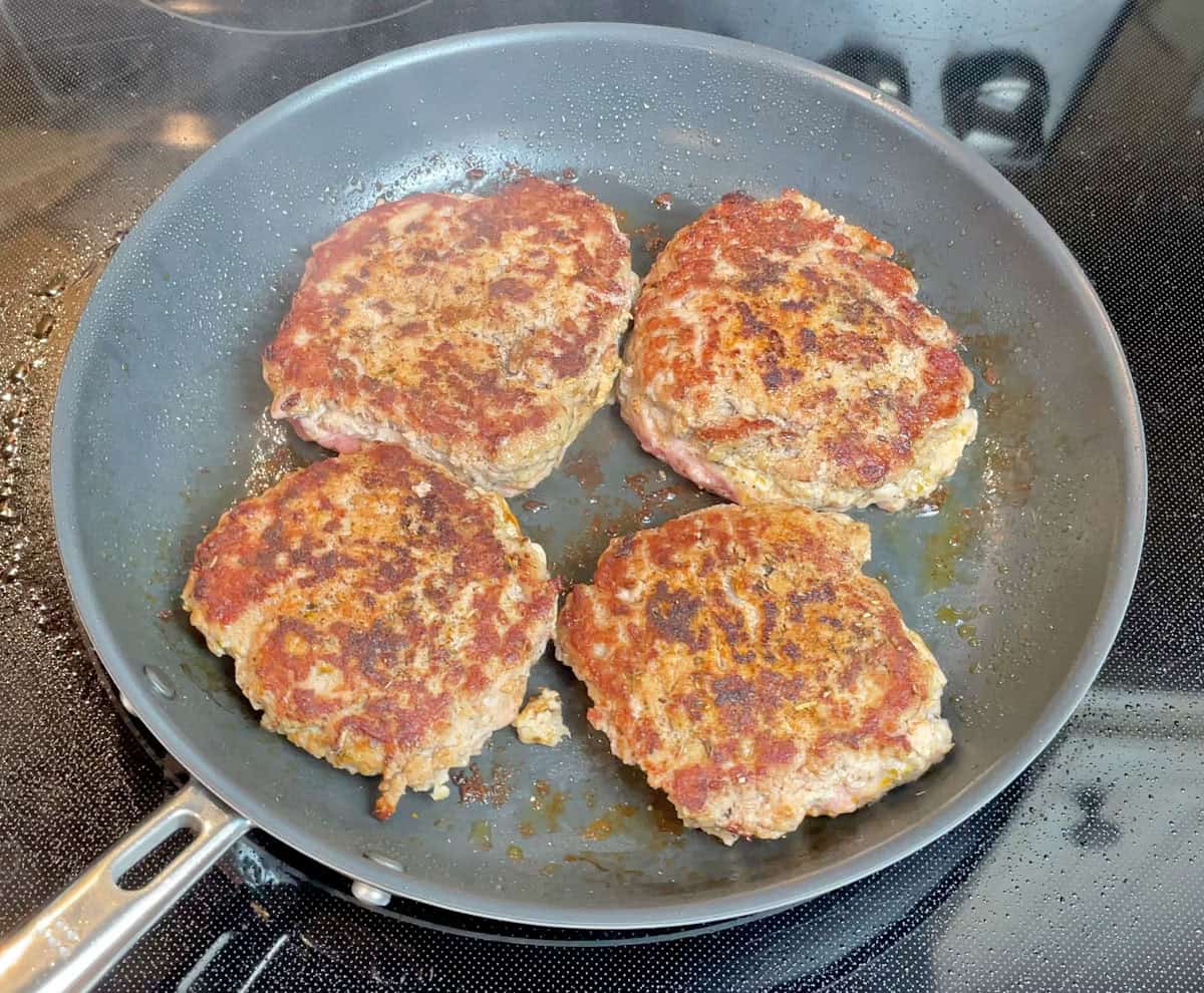 Cooking turkey burgers in Misen Carbon Nonstick pan