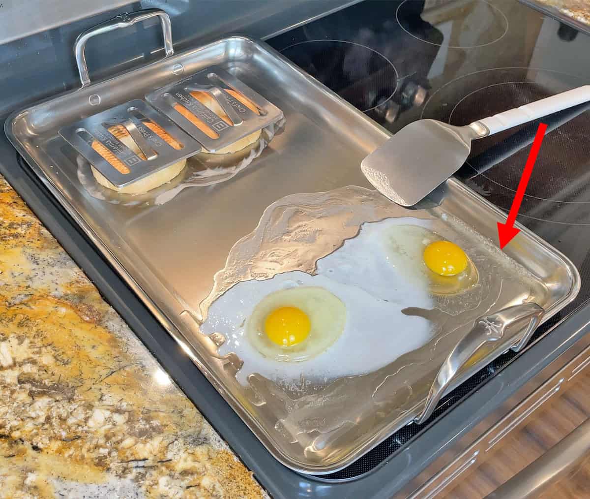 Cool spot on Hestan griddle causing eggs to flow to the drip channel