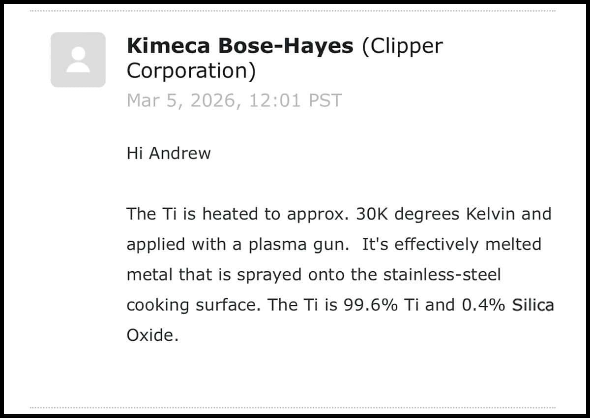 Email from Clipper Corporation confirming materials in Viking PureGlide Pro