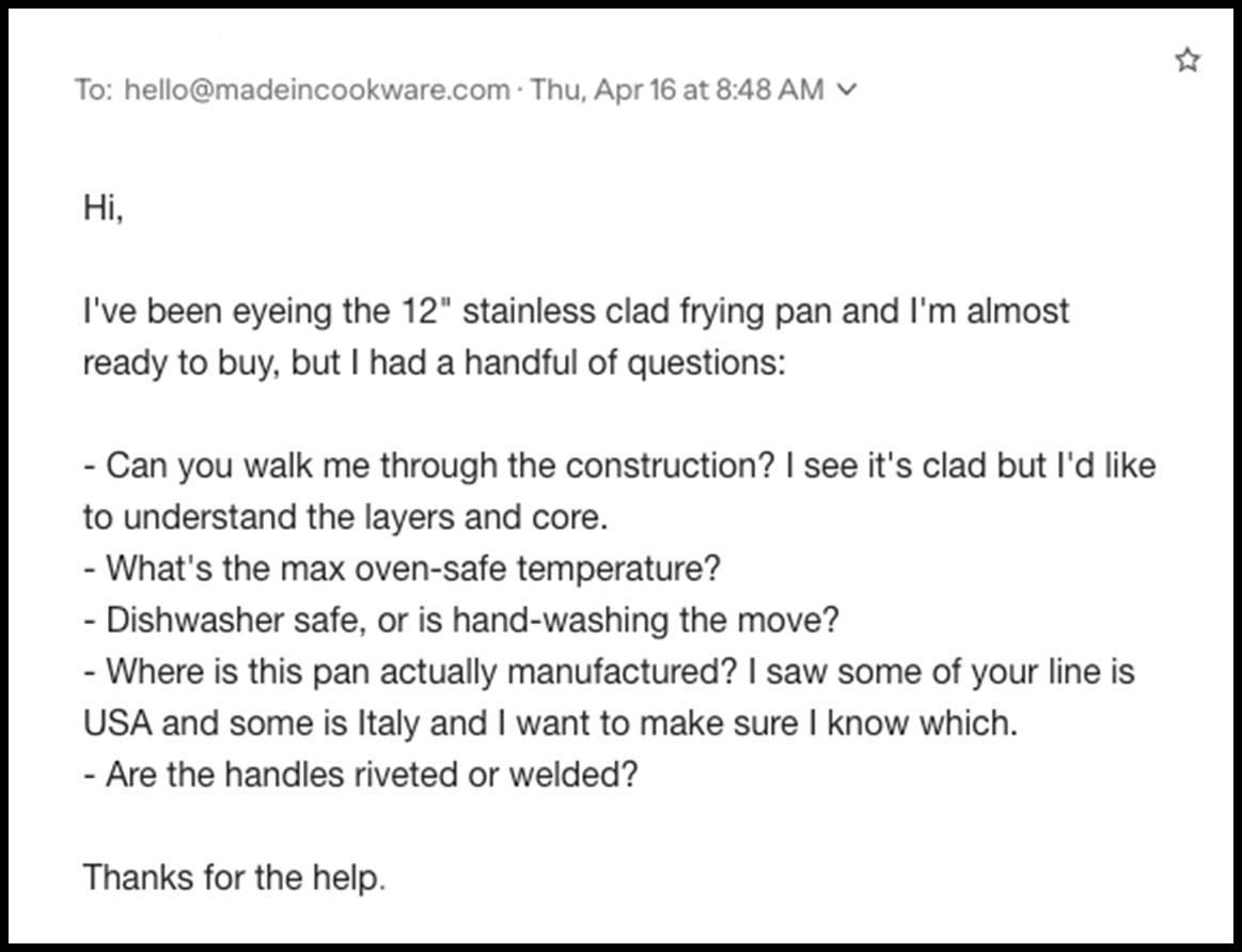 Factual email to Made In customer service
