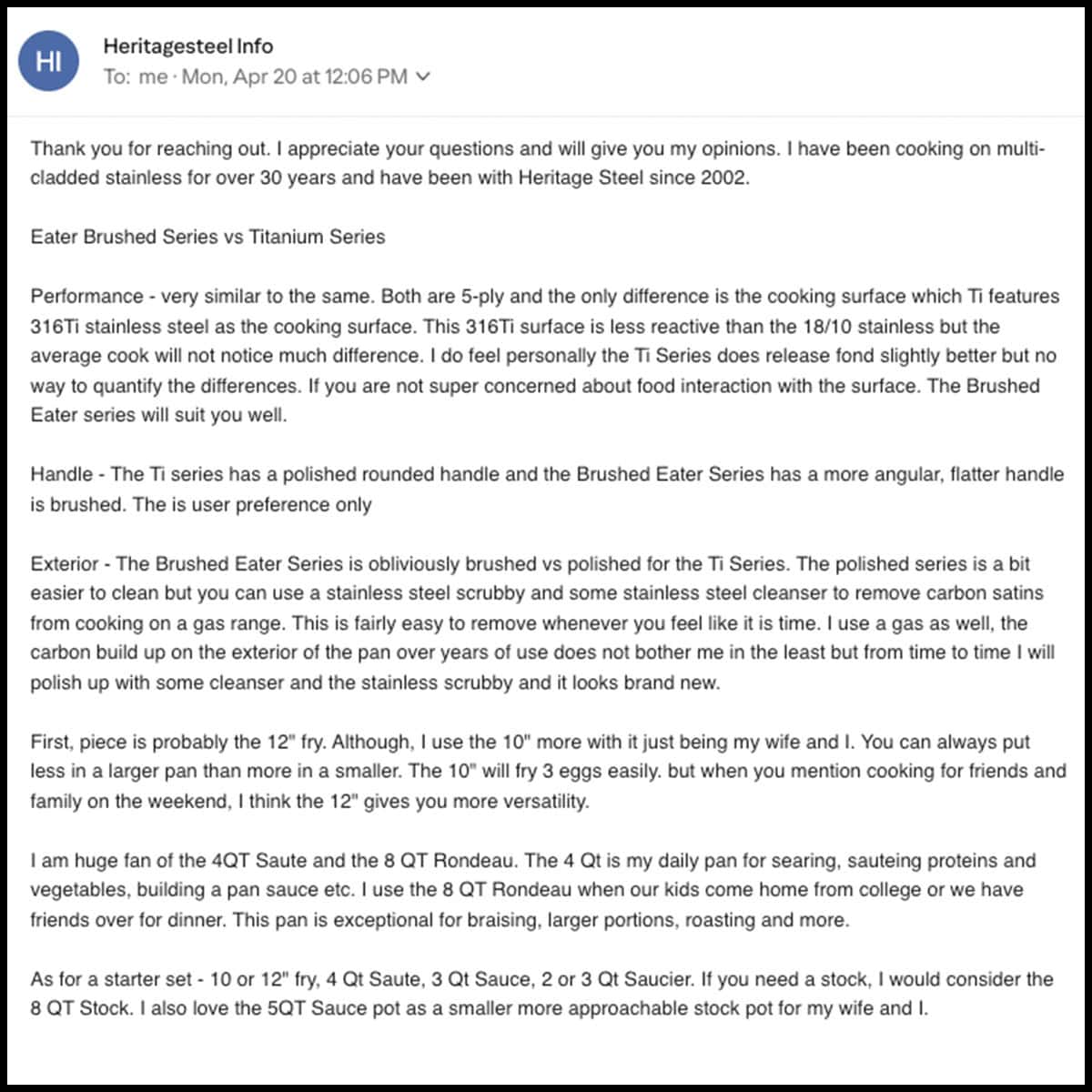 Heritage Steel customer service response to my opinion email
