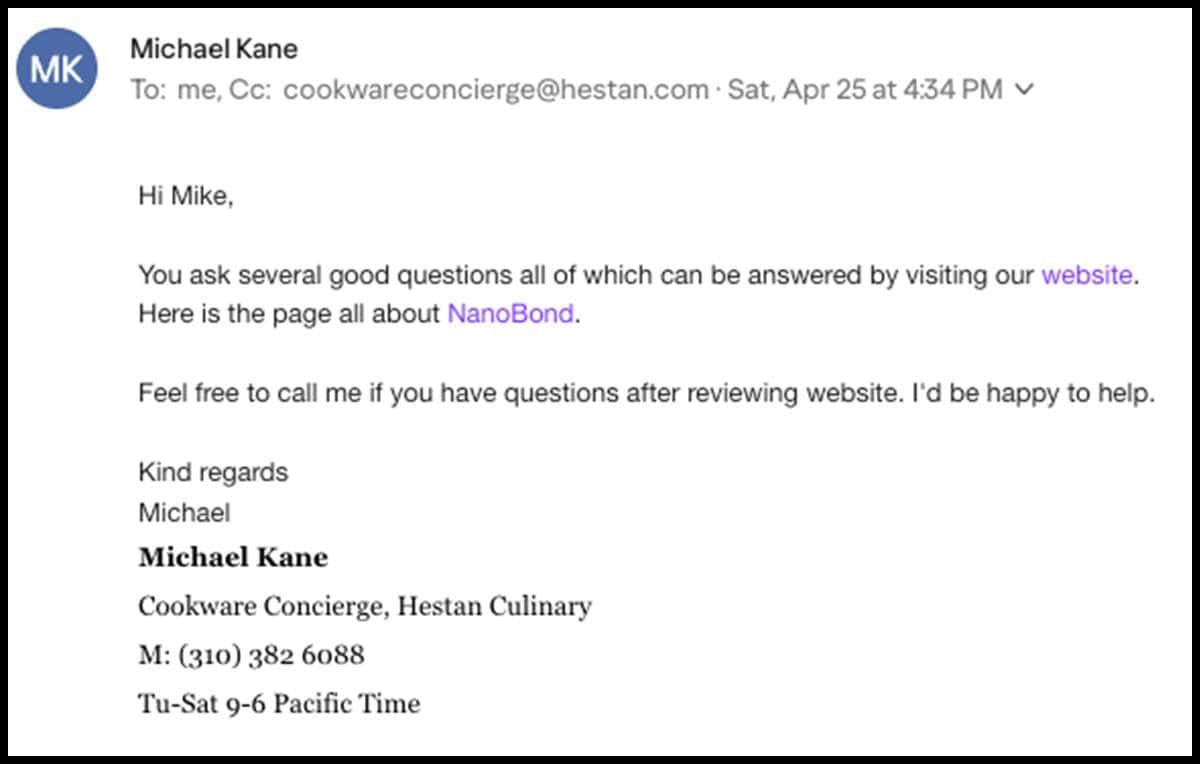 Hestan's response to my factual email
