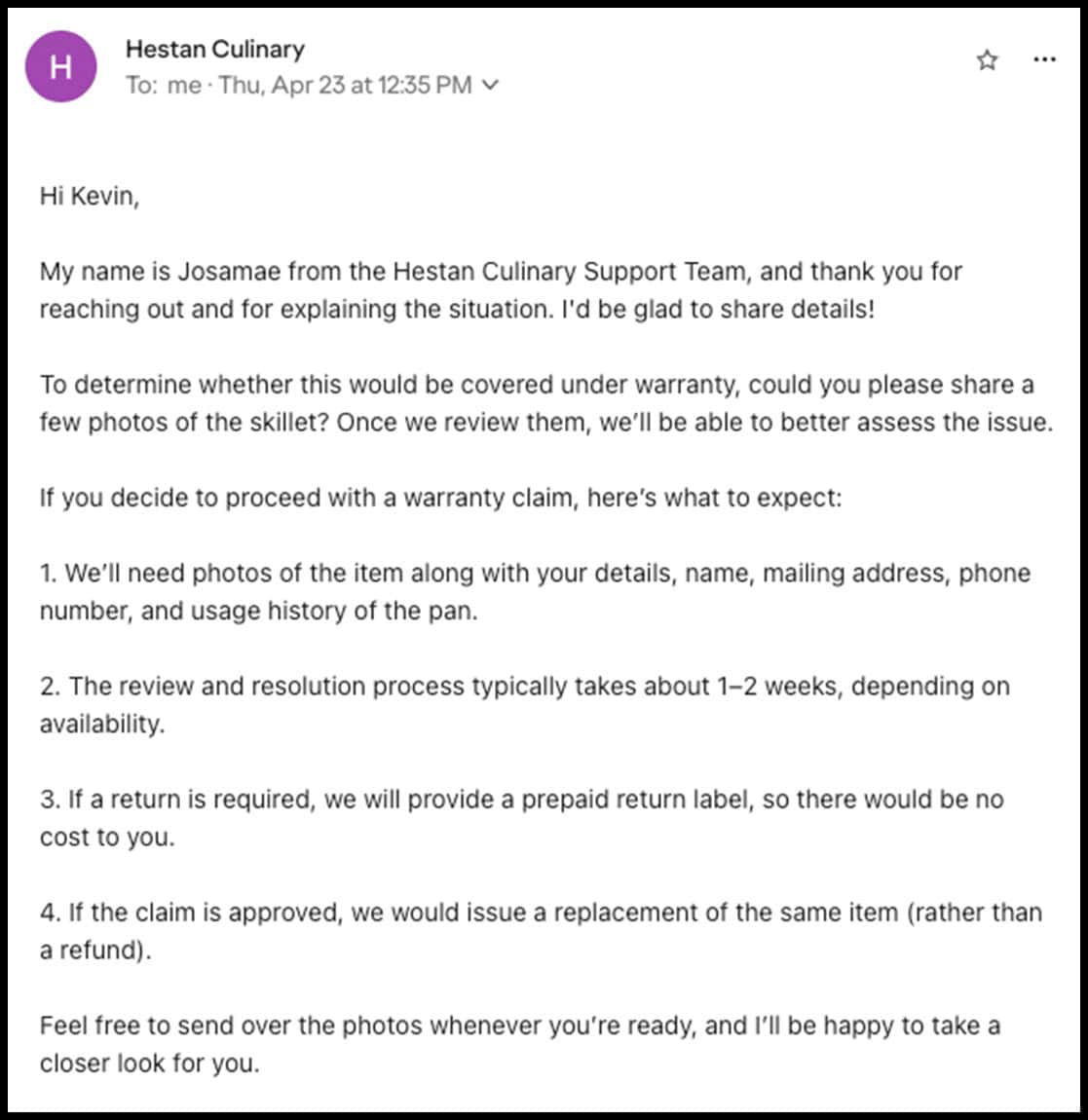Hestan's response to my post purchase email