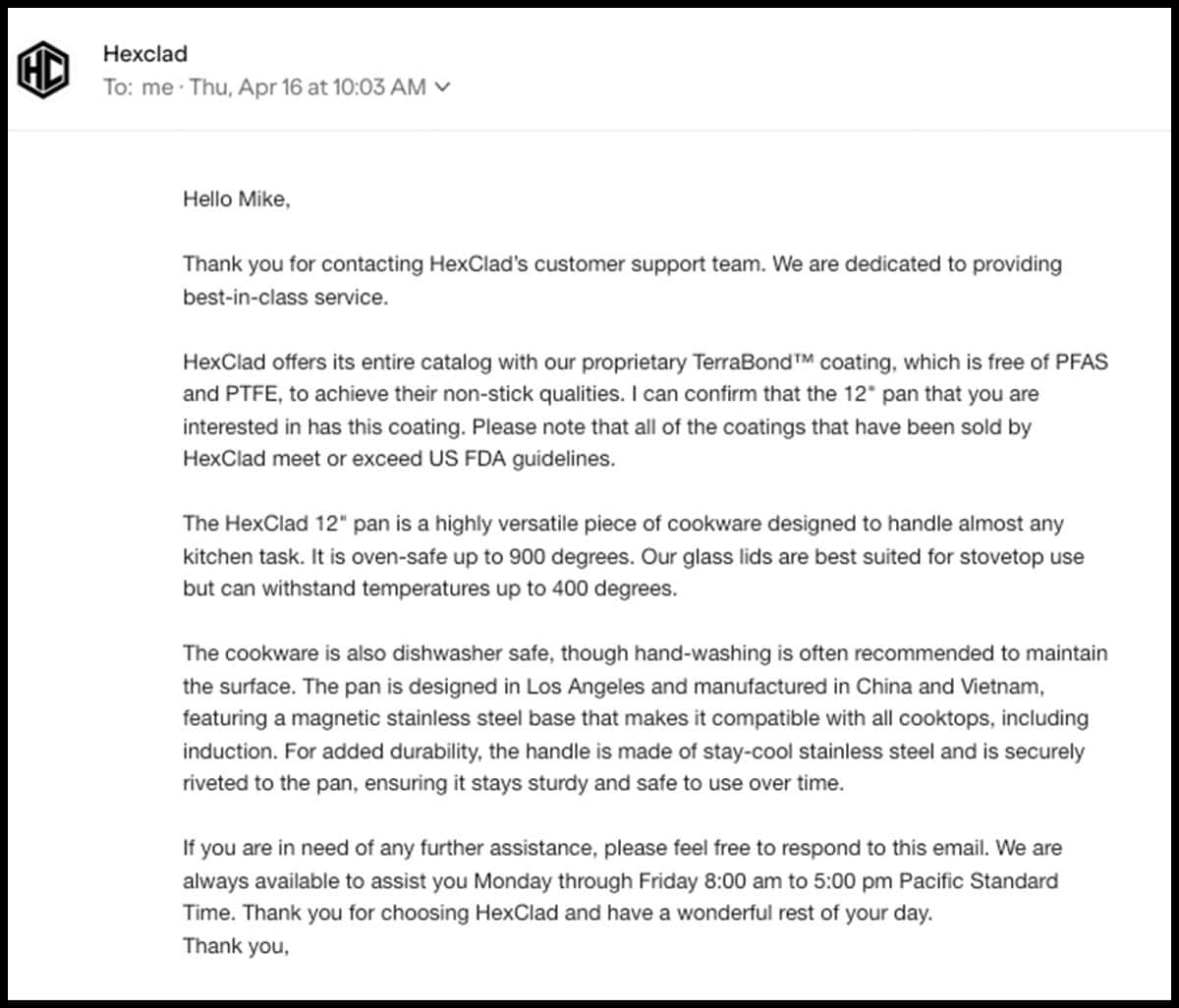 HexClad customer service response to my factual email