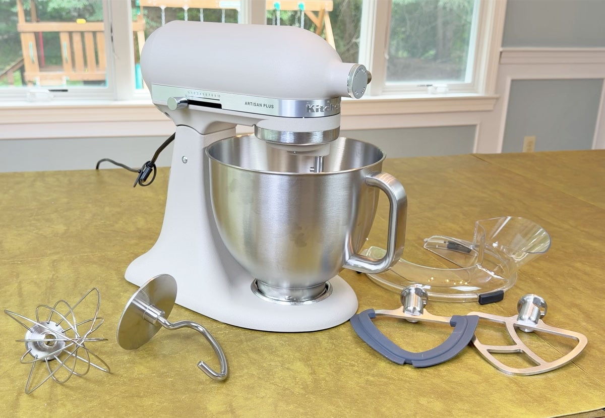 KitchenAid Artisan Plus mixer with attachments
