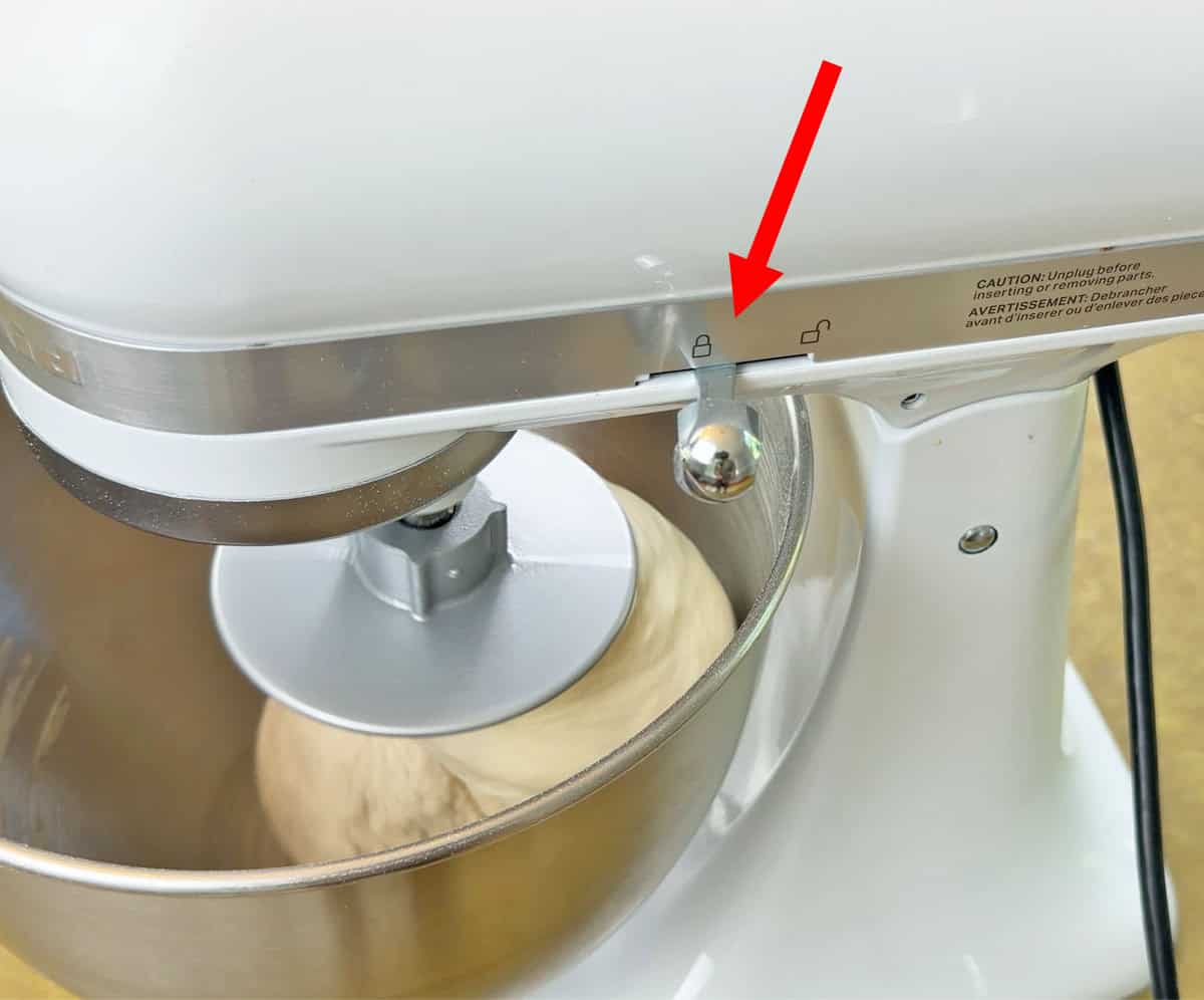 KitchenAid Artisan lock lever moving while kneading pizza dough