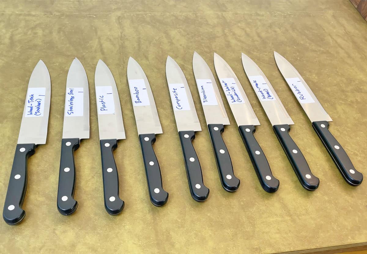 Knives used to test how much different cutting board materials impact knife dulling