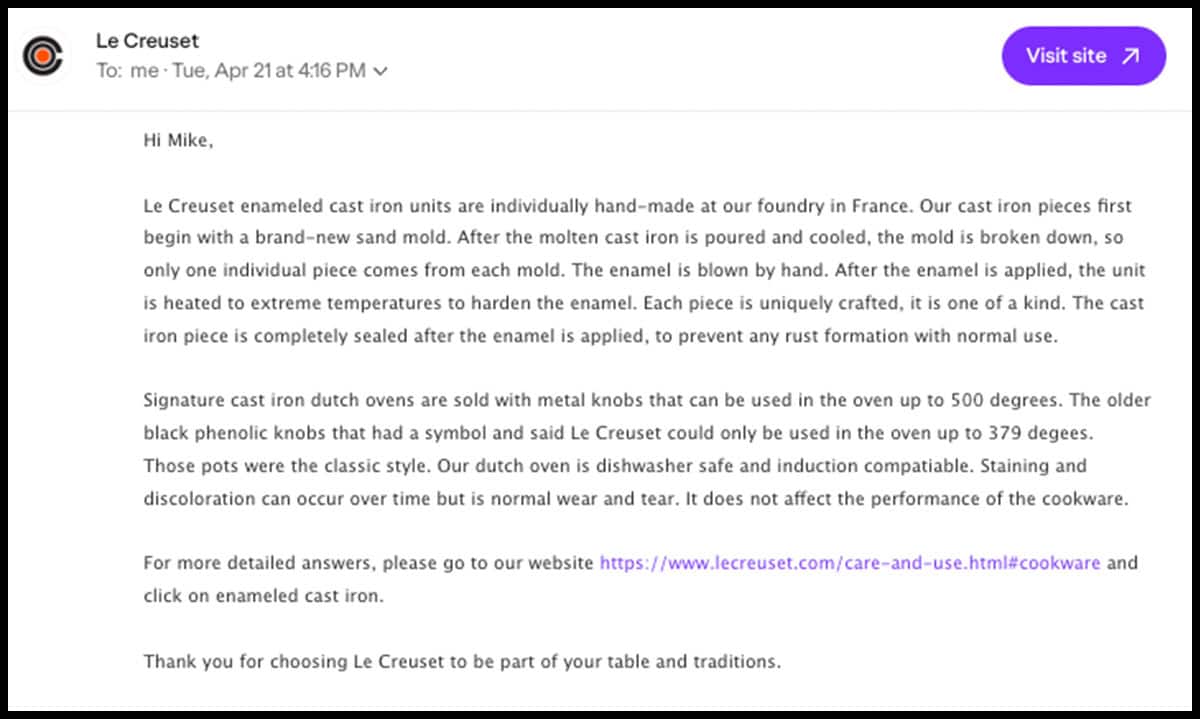 Le Creuset customer service response to my factual email