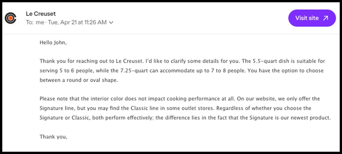 Le Creuset customer service response to my opinion email