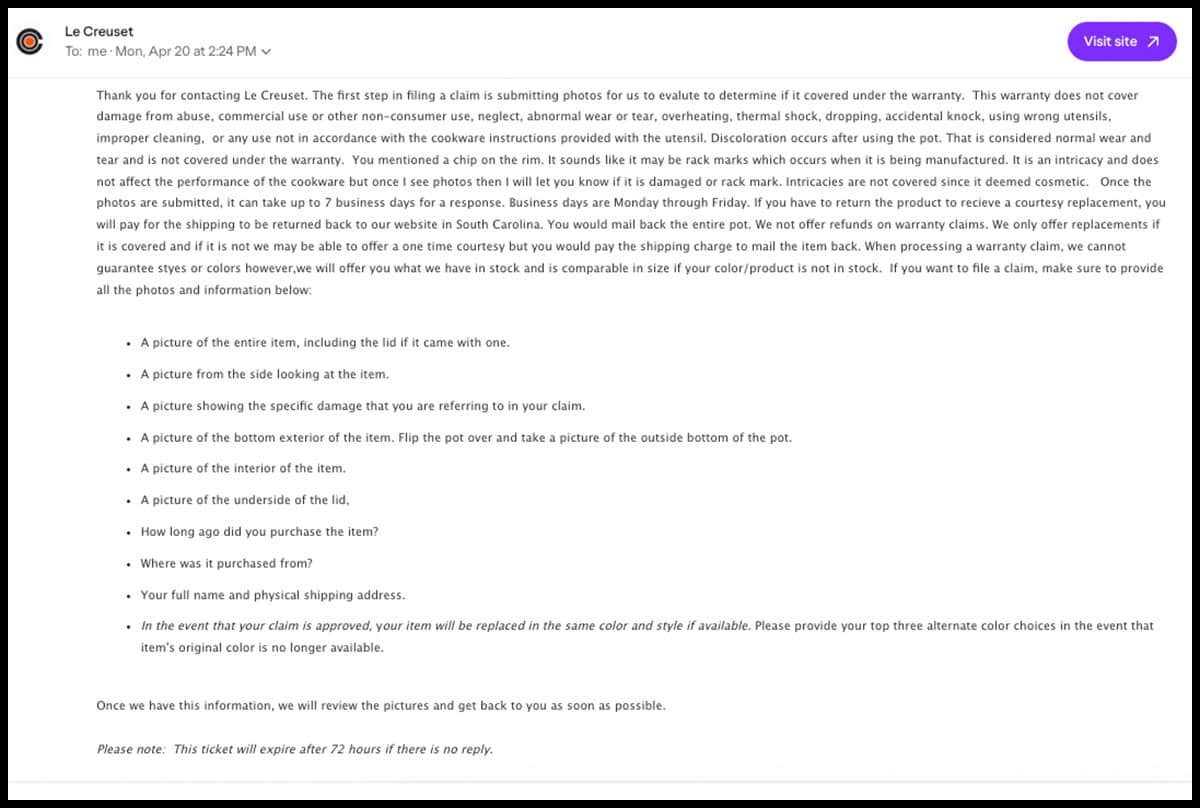 Le Creuset customer service response to my post purchase email