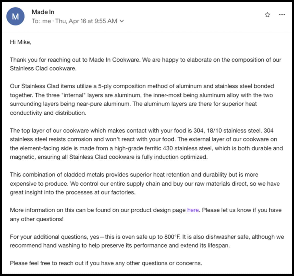 Made In customer service response to my factual email