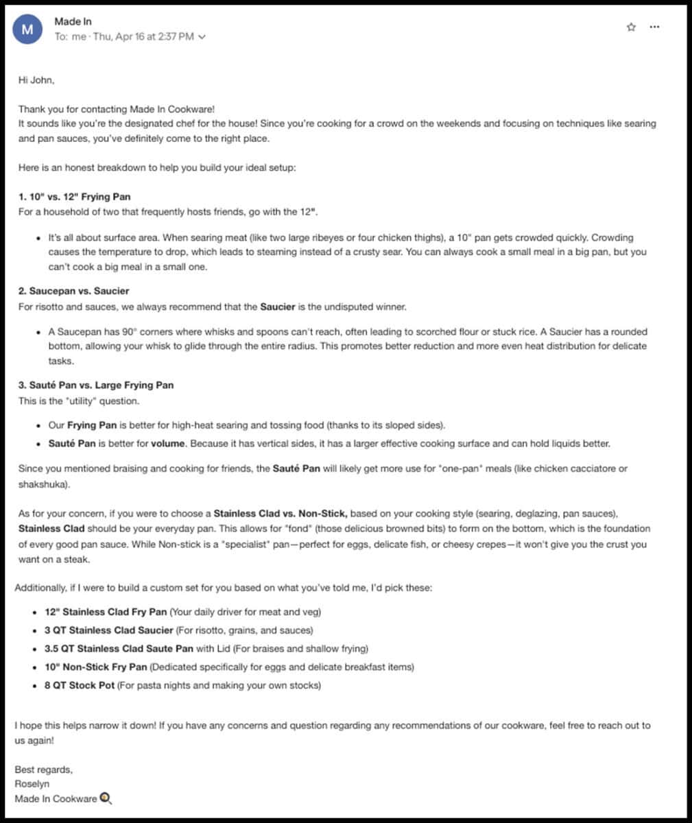 Made In customer service response to my opinion email