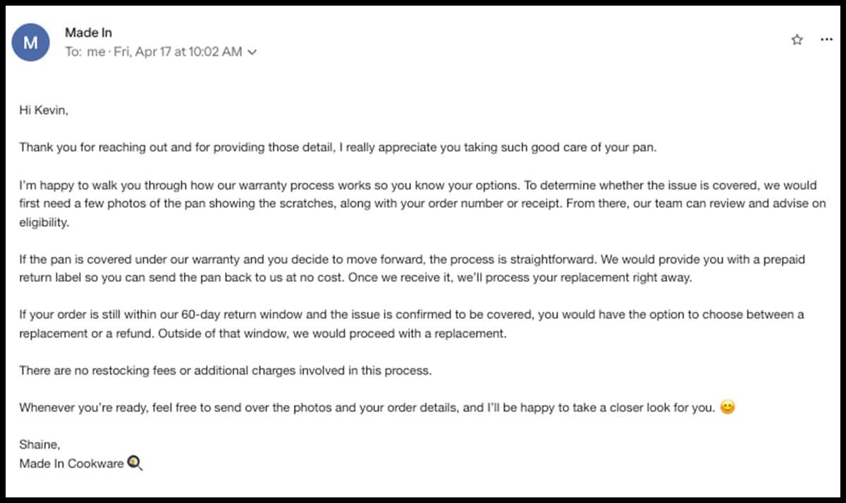 Made In customer service response to my post purchase email