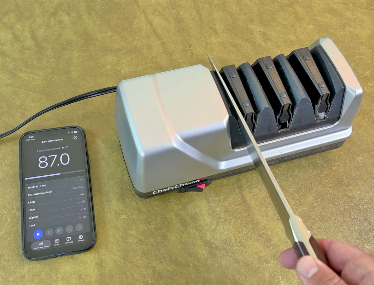 Measuring noise levels of ChefsChoice electric pull through knife sharpener