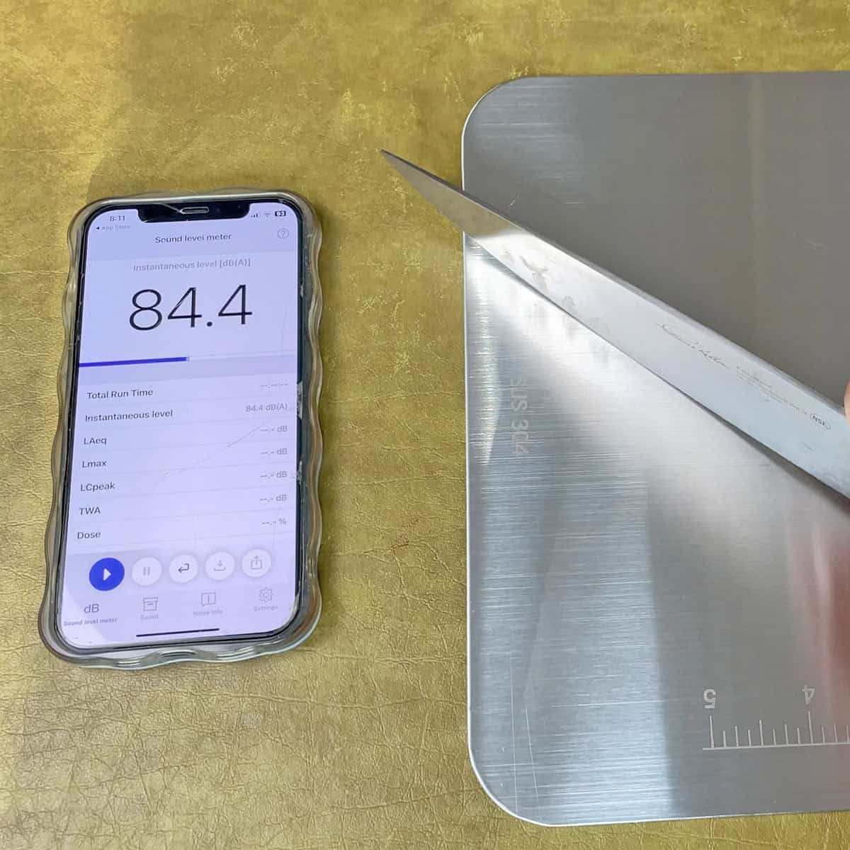 Measuring the sound of a knife chopping on a stainless steel cutting board