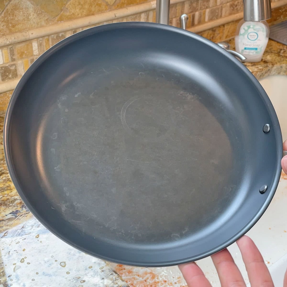 Misen Carbon Nonstick pan after simmering crushed tomatoes
