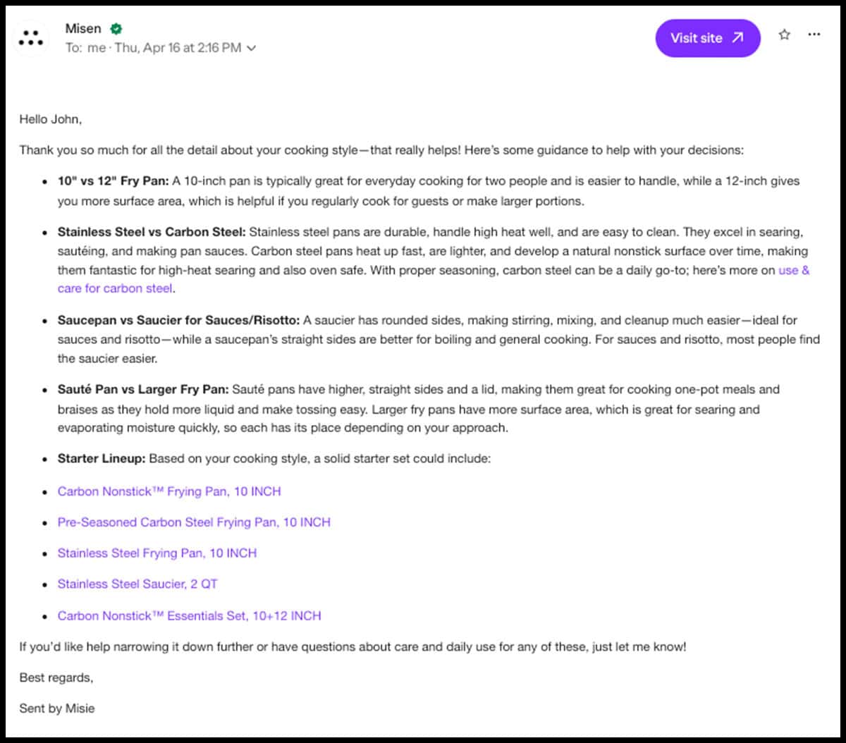 Misen customer service response to my opinion email