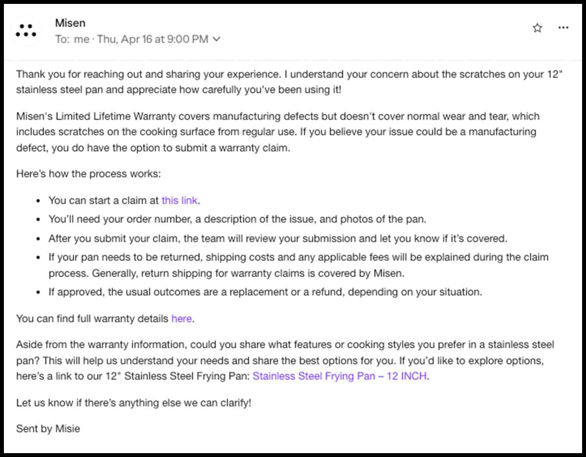 Misen customer service response to my post purchase email