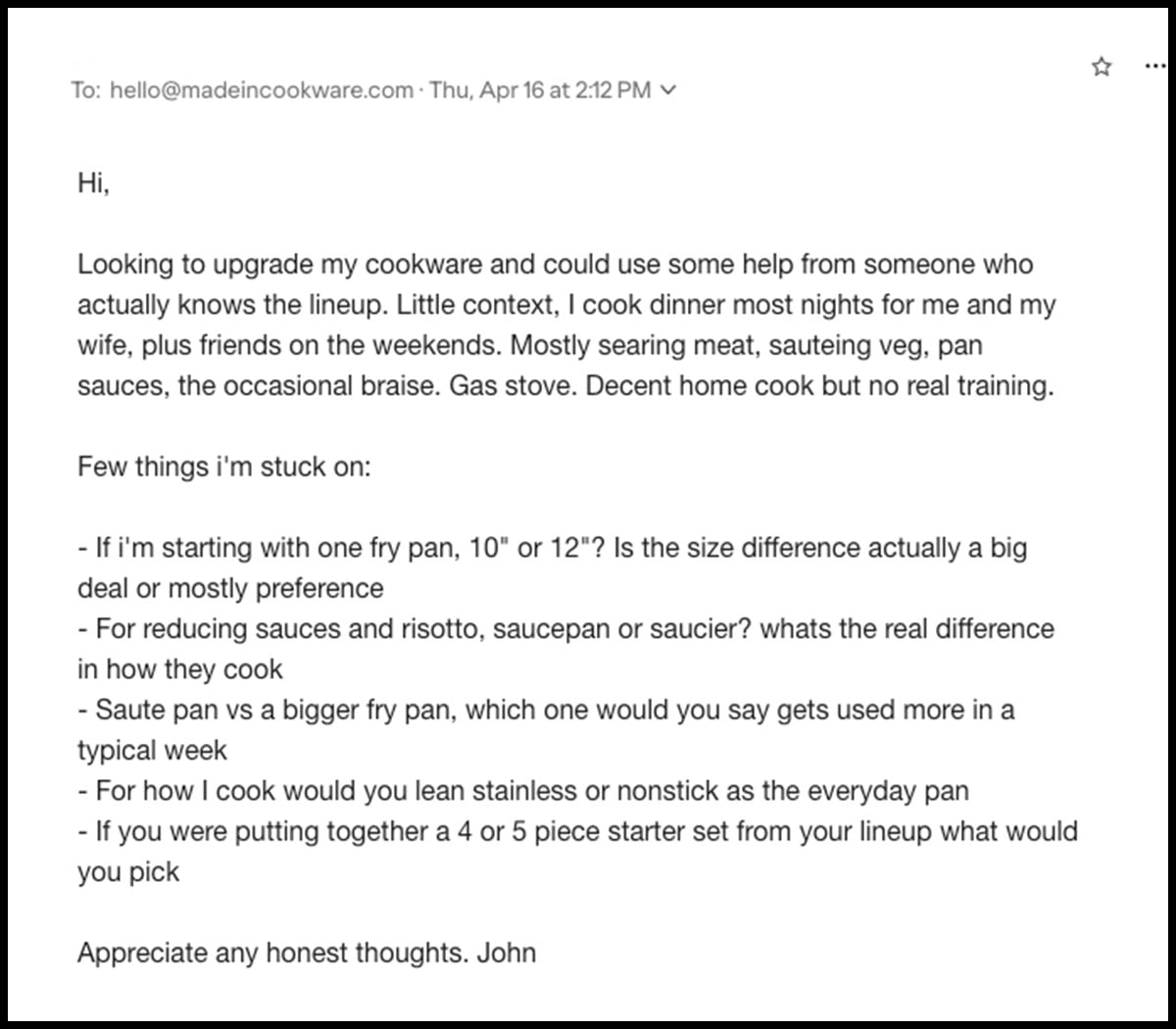 Opinion email to Made In customer service