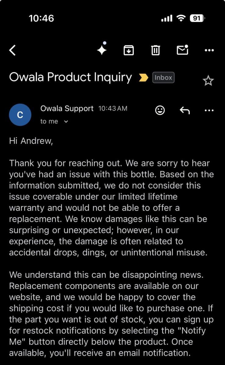 Owala's customer service email back to me after I asked if a broken lid is covered under warranty