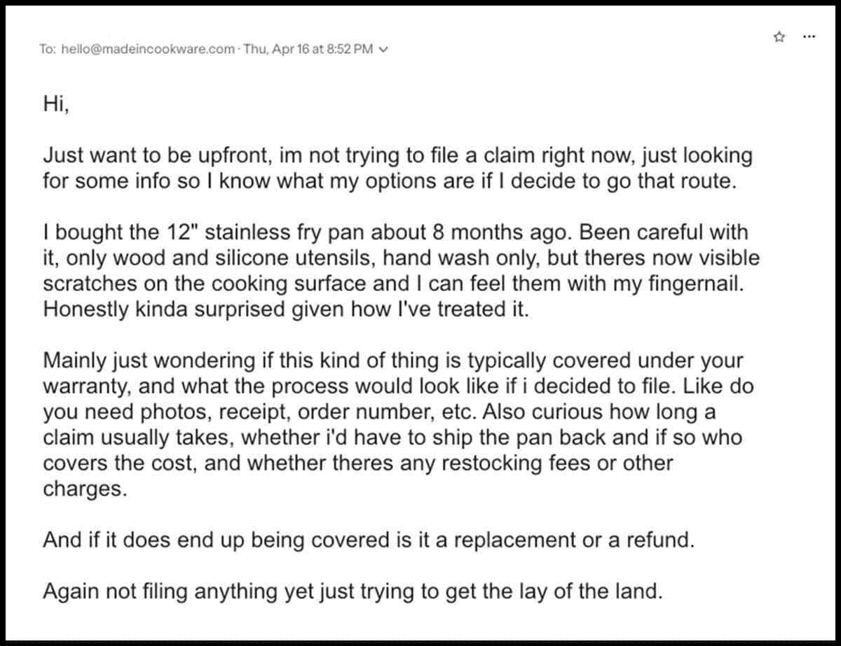 Post purchase email to Made In customer service