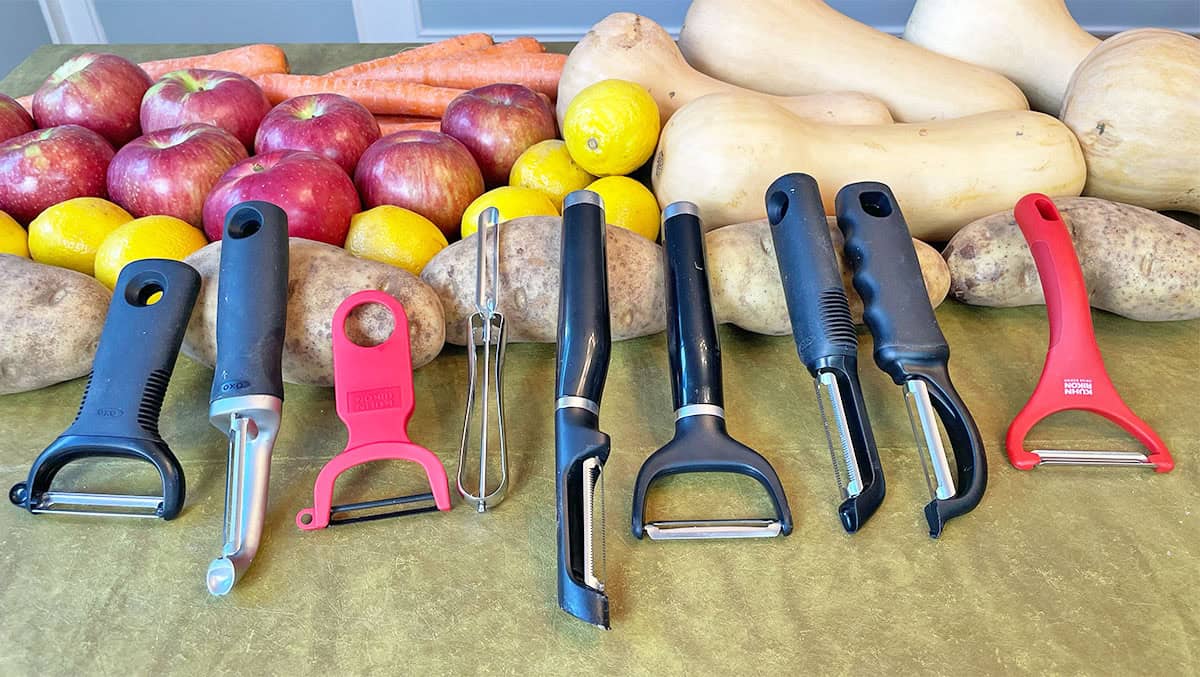 Testing nine vegetable peelers on a variety of fruits and vegetables