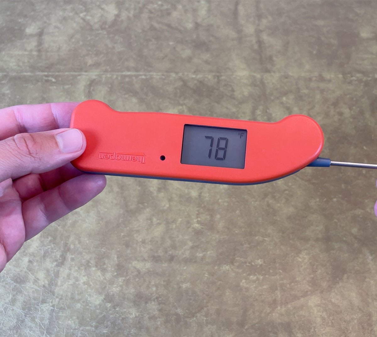 ThermoWorks Thermapen ONE instant read thermometer rotating screen with probe right
