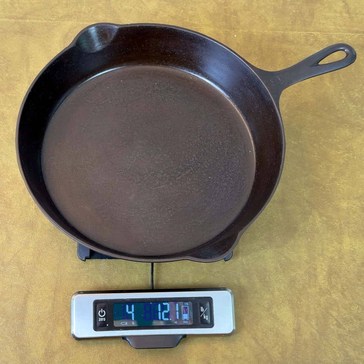 Weighing Griswold No 10 cast iron skillet