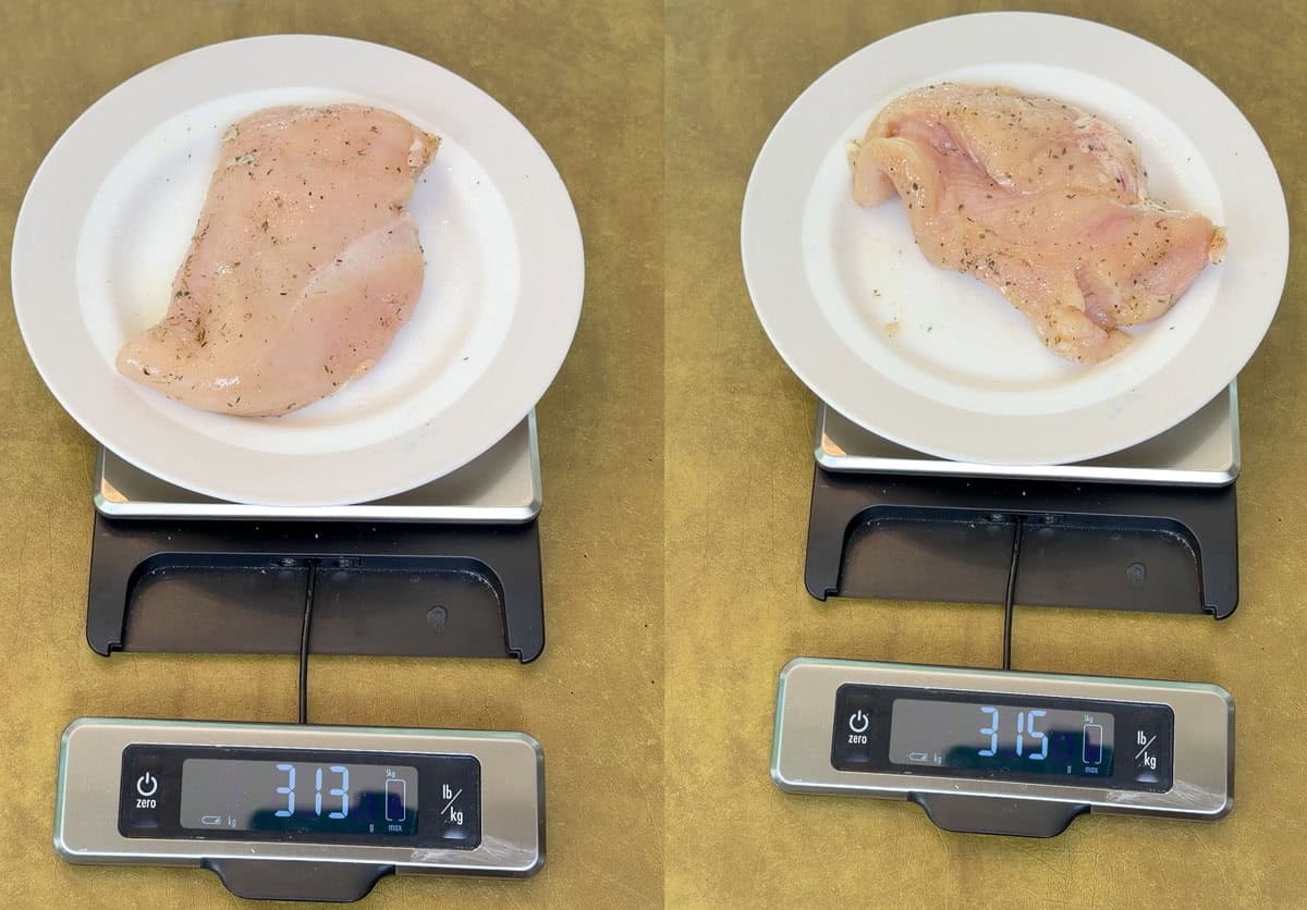 Weighing chicken breast before cooking them in T-fal infrared air fryers and regular air fryers