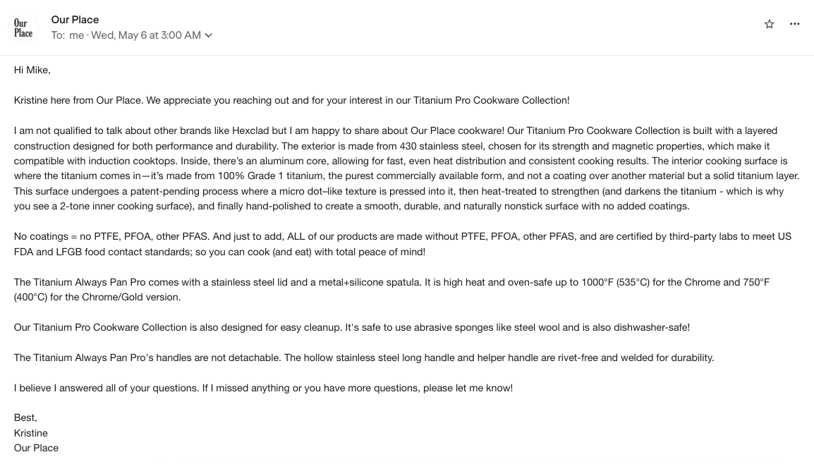 Our Place response to factual email
