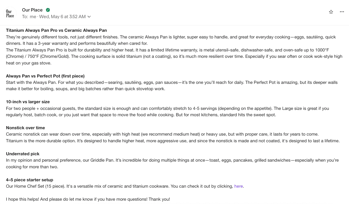 Our Place response to opinion email