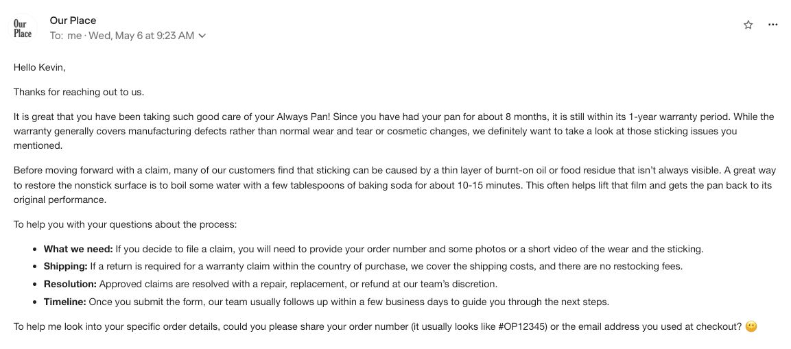 Our Place response to warranty email